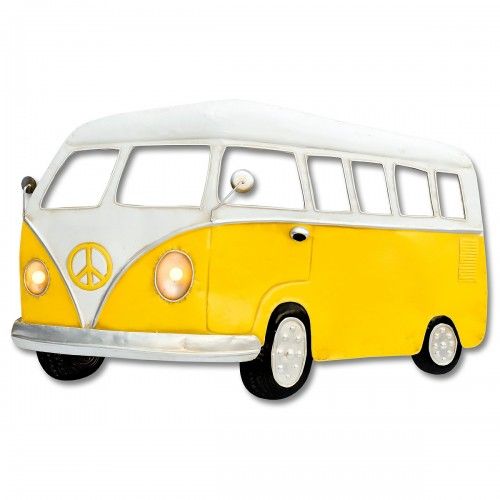 Large Yellow Camper Van Metal Wall Art With Working LED Headlights