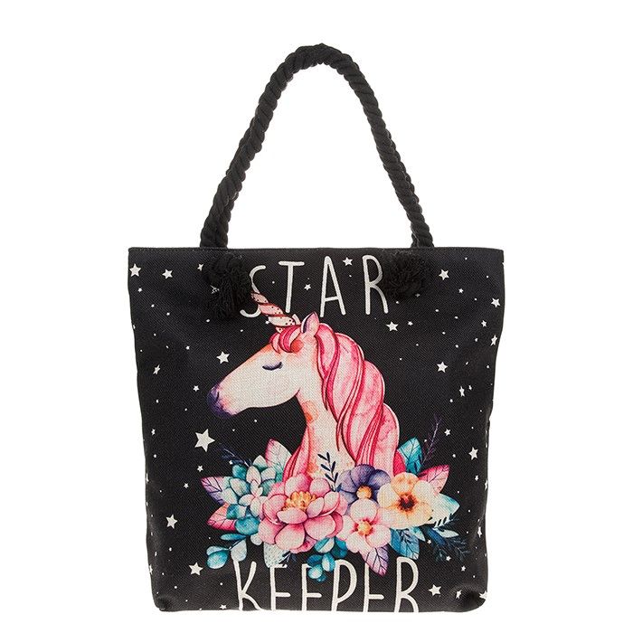 Large Fabric Star Keeper Unicorn Zipped Tote Bag With Rope Handles
