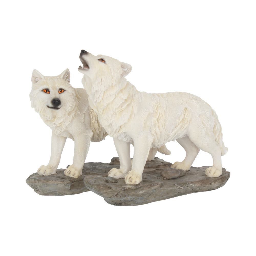Superb Set of Two "The Watchers" White Wolves Figurines Statues Ornaments