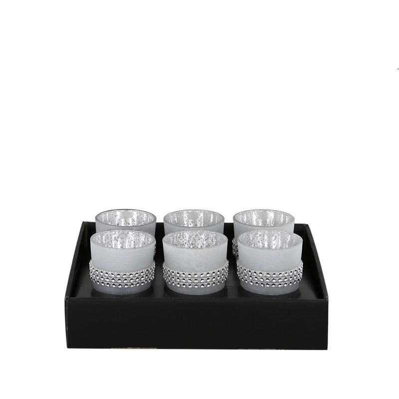 Set Of 6 Medium Boxed Glitz Diamante Tealight  Candle Holders Frosted Silver