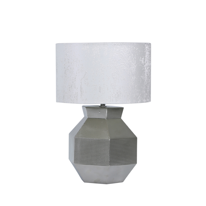 Silver Ceramic Geometric Hexagon Table Lamp with White Cotton Shade