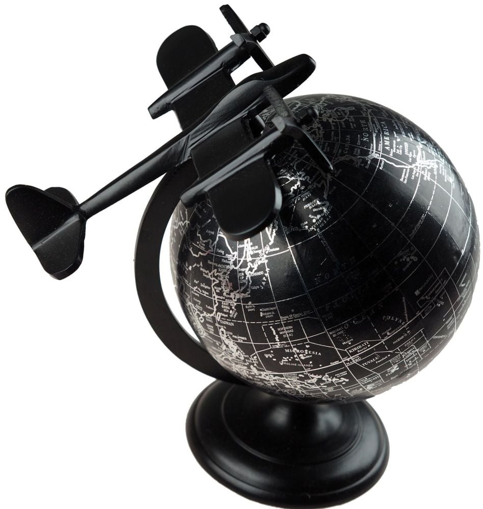 Black Free Standing Rotating Globe Ornament With Airplane