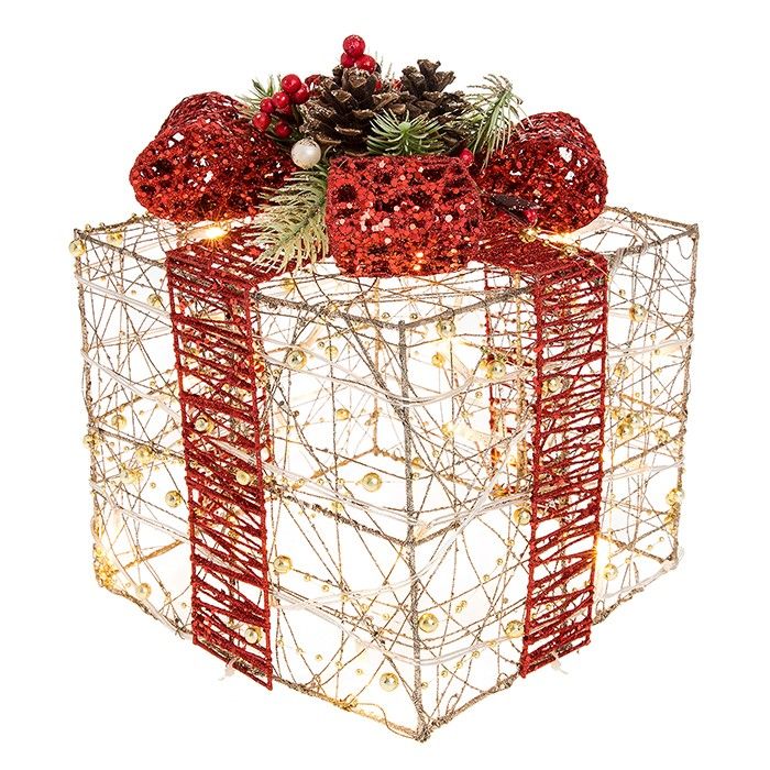 Large Christmas Present Glitter Gold LED Lit Gift Box  Decoration