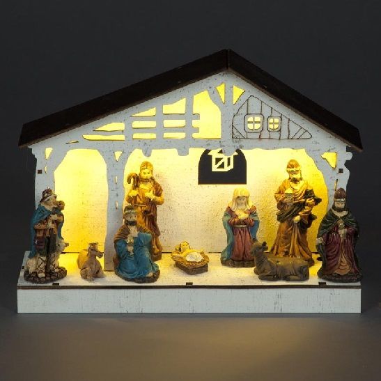 20cm Wooden Nativity With 9 Figurines and 5 Warm White LEDS
