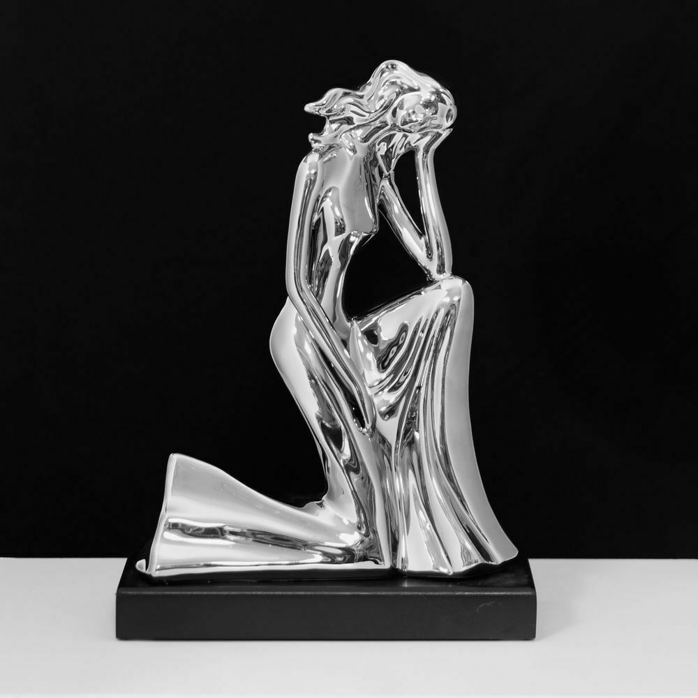 Chrome Silver Mirror Finish Ceramic Woman Kneeling on Plinth