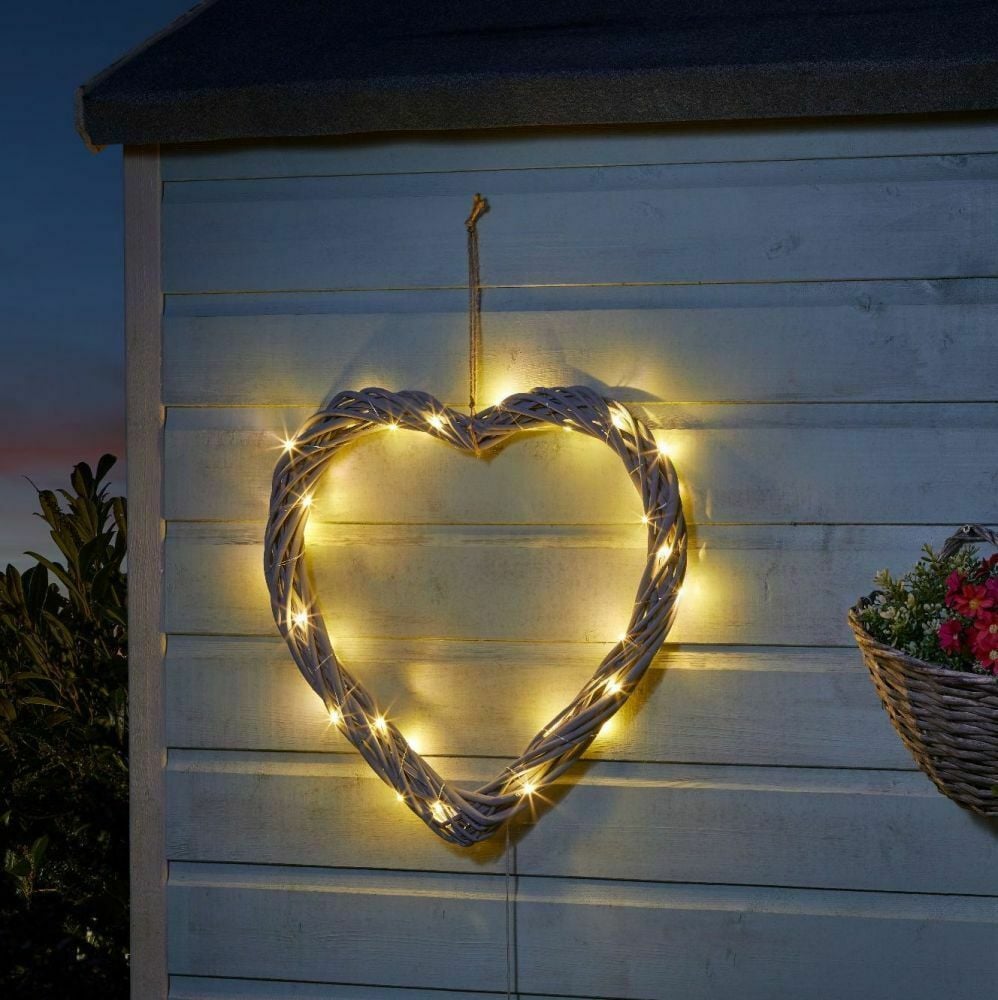 Large Light Up Solar LED Wicker Grey Heart Wall Hanging Decoration 