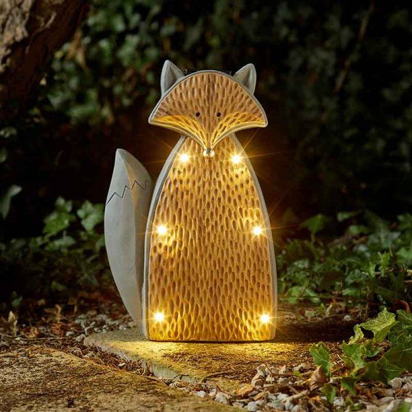 Solar Powered LED Stone Wood Effect Fox Light Outdoor Garden Ornament