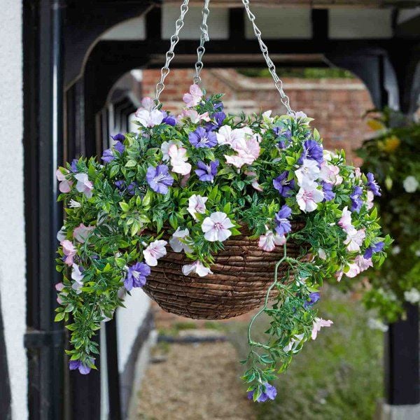 Artificial Petunia Hanging Basket Indoor Outdoor Garden Flower Arrangement 