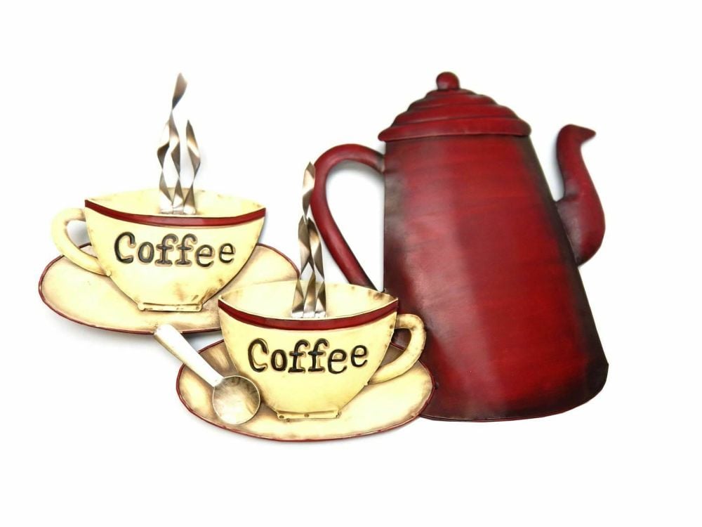 Contemporary Metal Wall Art - Coffee Pot And Cups