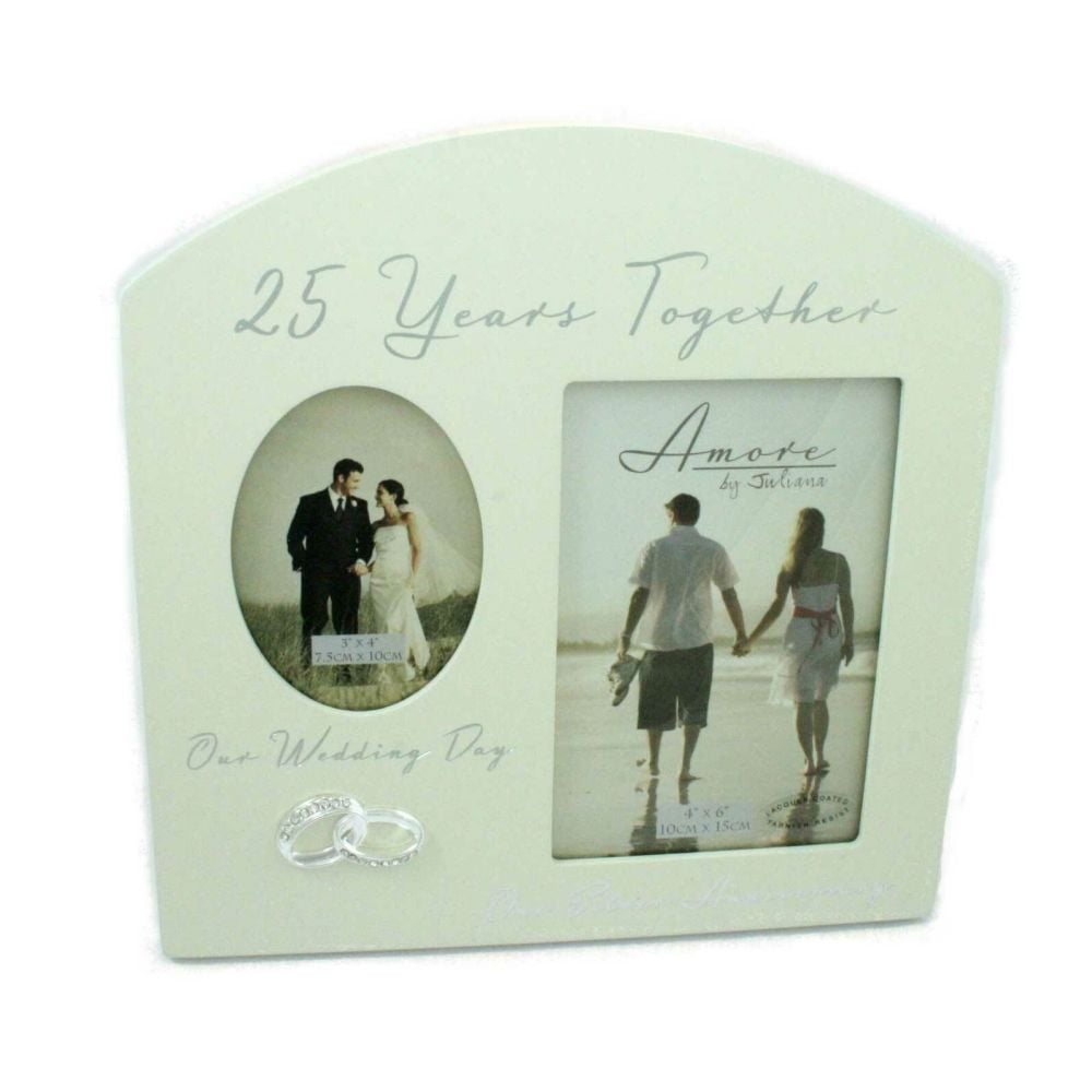 Crystal Embellished Double Aperture Cream Photo Frame - 25 Years Anniversary