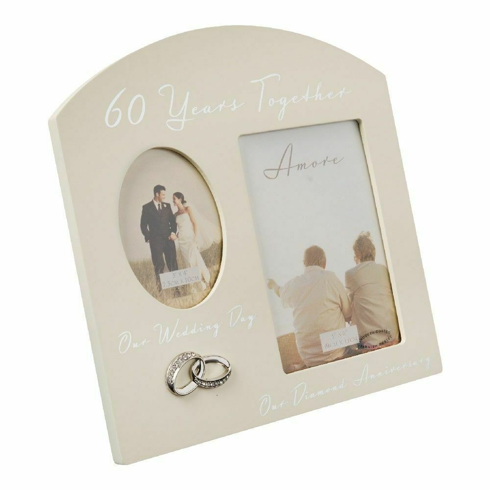 Crystal Embellished Double Aperture Cream Photo Frame - 60 Years Anniversar