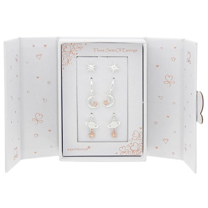 Equilibrium Set 3 Earrings Silver & Rose Gold Plated Stars Moons