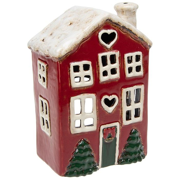 Village Pottery Hearts  Red Xmas House And Snowy Roof With Trees Tealight Holder