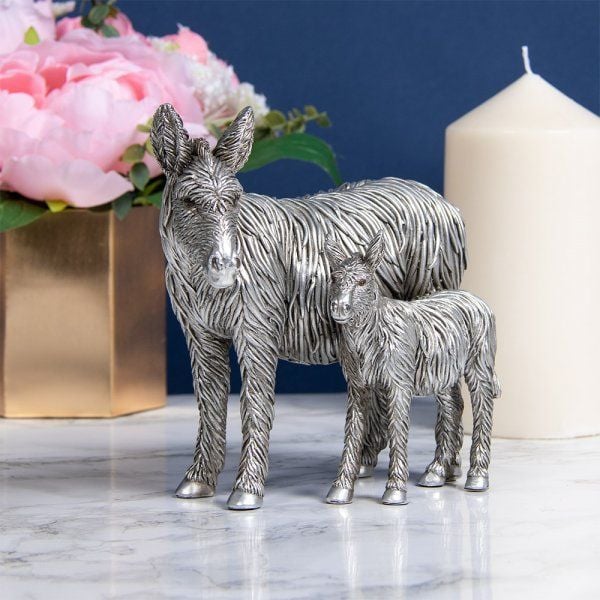  Silver Long Haired Donkey And Foal Ornament  Figurine