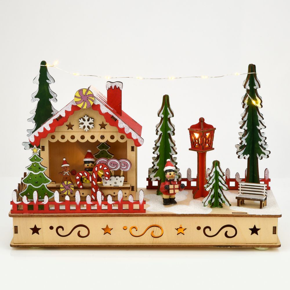 Wooden LED Light Up Gingerbread House  Christmas Scene