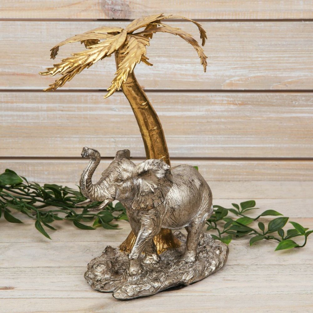 Silver And Gold Elephant Under A Palm Tree Scene Ornament