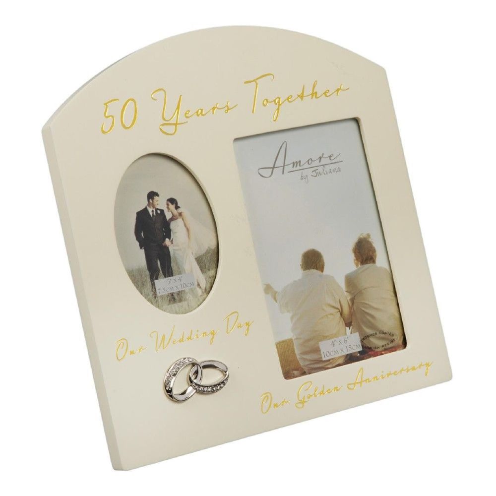 Crystal Embellished Double Aperture Cream Photo Frame - 50 Years Anniversar