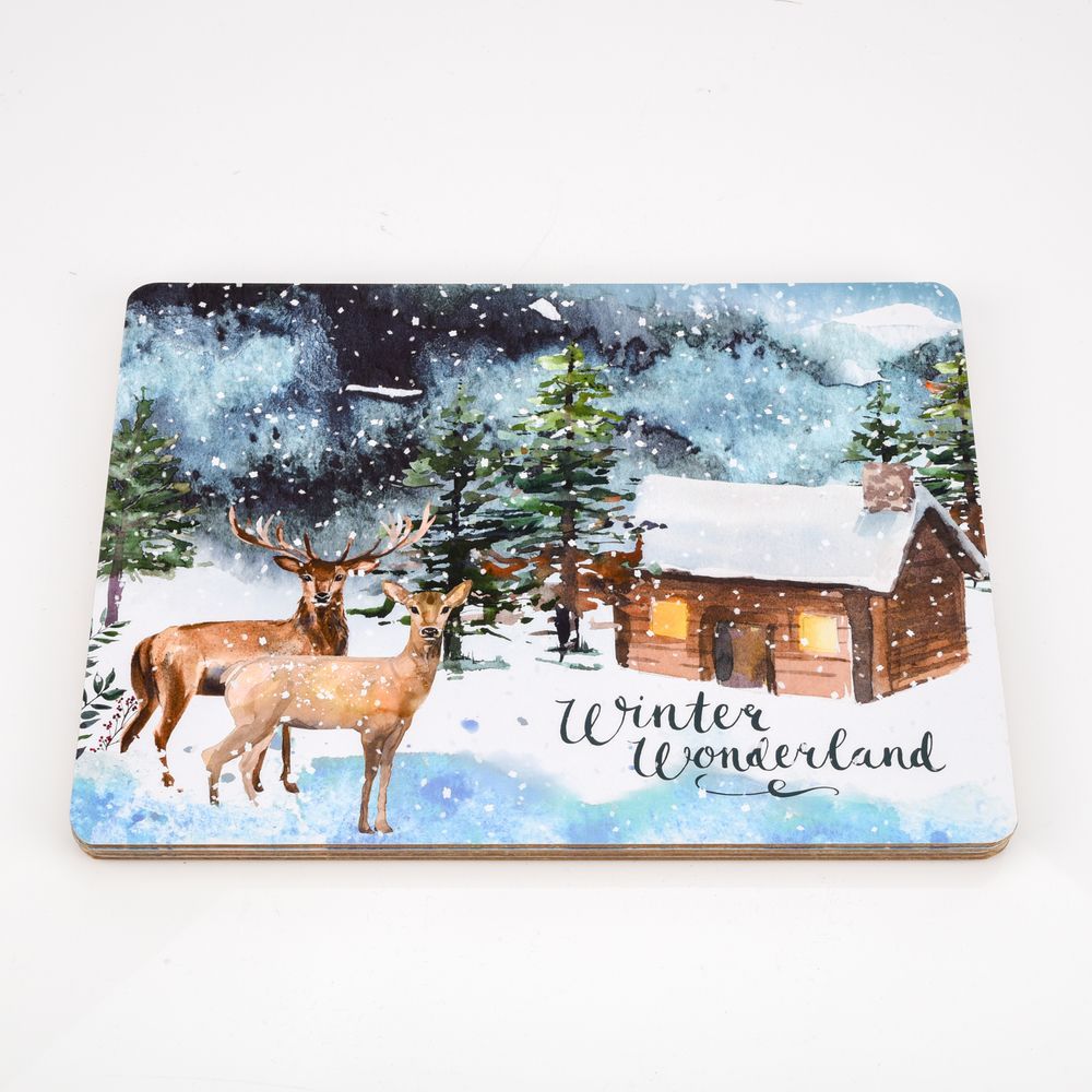 Set of 4 Placemats Deer and Stag Lodge Scene "Winter Wonderland"