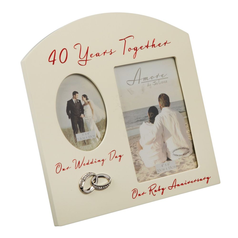 Crystal Embellished Double Aperture Cream Photo Frame - 40 Years Anniversar