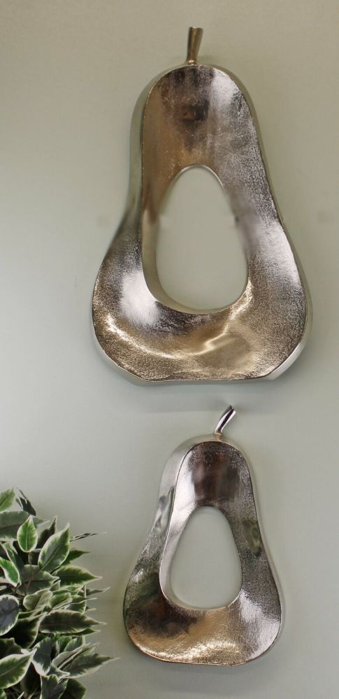 Set Of 2 Silver Aluminum Wall Hanging Pears Fruit Art Ornament Home Décor Gift