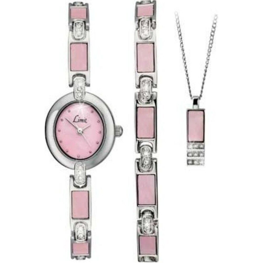 Ladies Pink Stainless Steel Limit Gift Set, Watch, Bracelet & Necklace Gift Boxed