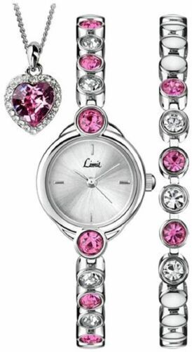 Ladies Pink & White Stainless Steel Limit Gift Set, Watch, Bracelet & Heart Necklace 