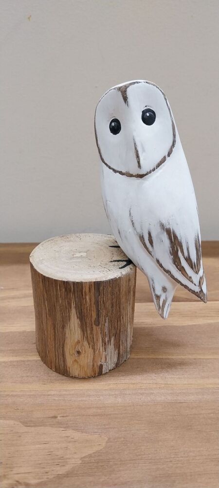 Snowy Owl Hand Carved Painted Bird on Wood Log