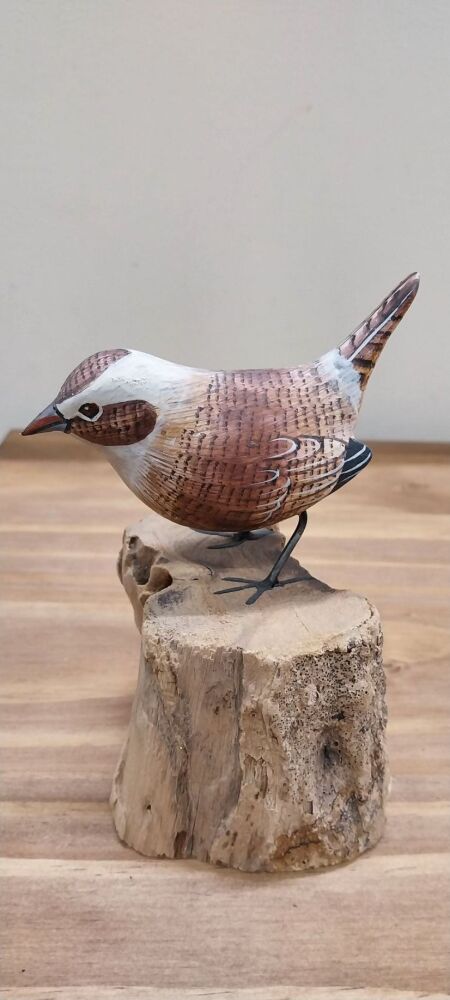 Fairtrade Wren Carved Painted Bird on Wood Log
