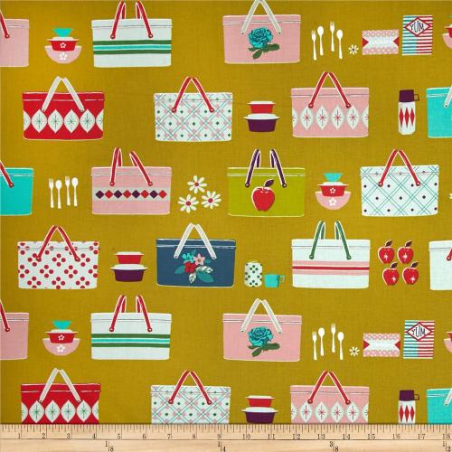 Picnic Baskets Mustard Cotton and Steel Cotton Fabric