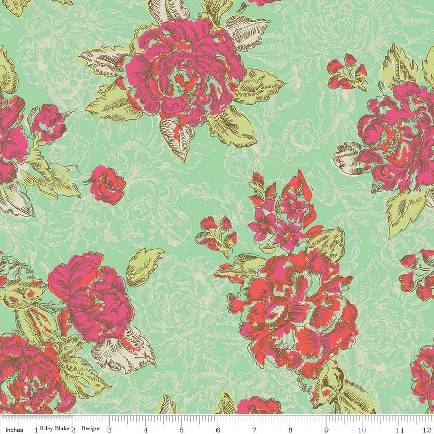 Ivy Mae Floral Flower Rose in Green Cotton Fabric