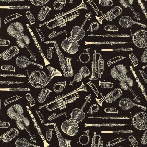 Musical Instrument Music Symphony Suite on Black Cotton Fabric