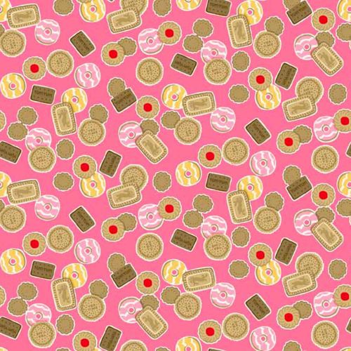 Biscuit Cookie Tea Jammy Dodger on Pink Cotton Fabric