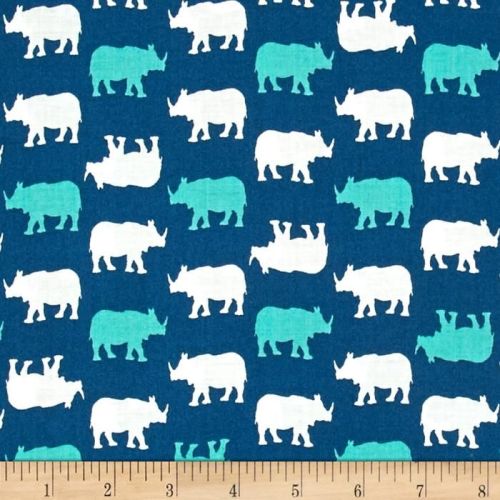 Rhino Rhinoceros Print on Blue Teal Cotton Fabric by Babychic Andover