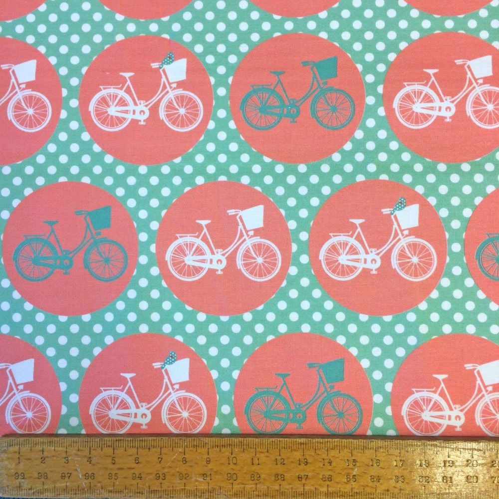 REMNANT Bicycle Cycling Bike Whimsical Wheels Mint Coral Cotton Fabric