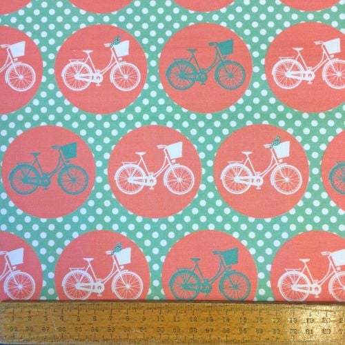 REMNANT Bicycle Cycling Bike Whimsical Wheels Mint Coral Cotton Fabric