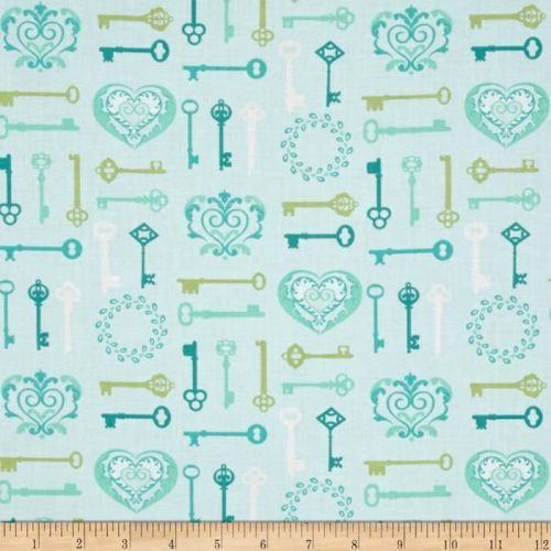 Key To My Heart Keys Aqua Lime Lovehearts Scroll Cotton Fabric