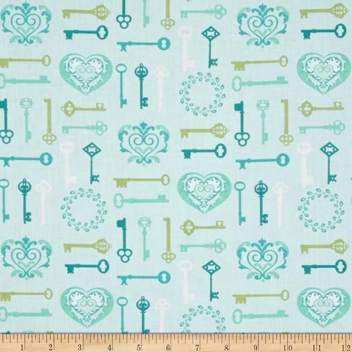 Key To My Heart Keys Aqua Lime Lovehearts Scroll Cotton Fabric