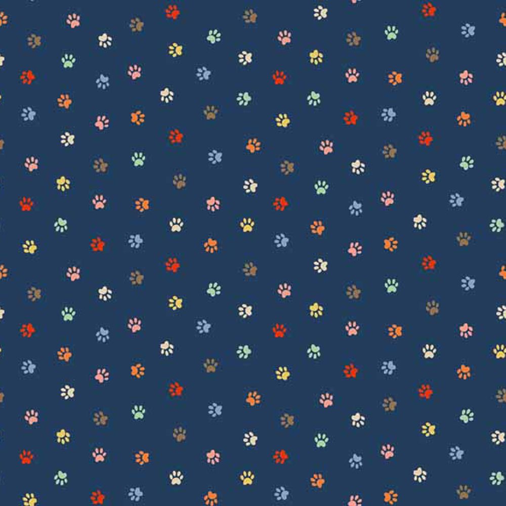 Crafty Cats Paws Pawprints Mini Scatter Blue Cotton Fabric