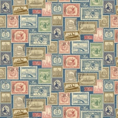 REMNANT Vintage Travel Postage Stamps Cotton Fabric