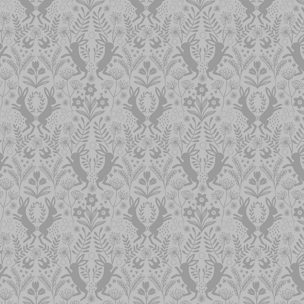 Little Hares Dark Grey on Grey Floral Hare Silhouette Cotton Fabric