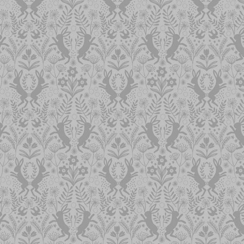 Little Hares Dark Grey on Grey Floral Hare Silhouette Cotton Fabric