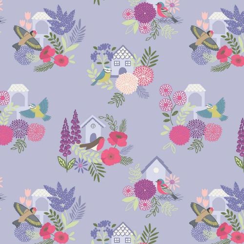 Bird Houses on Lilac Floral British Birds Wildlife Cotton Fabric