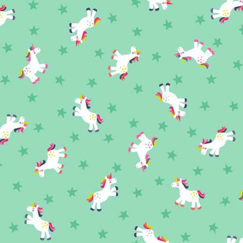 Fantasy Unicorns Stars on Turquoise Unicorn Rainbow Cotton Fabric