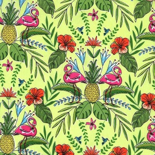 Tropicana Main Flamingos on Sand Green Tropical Cotton Fabric