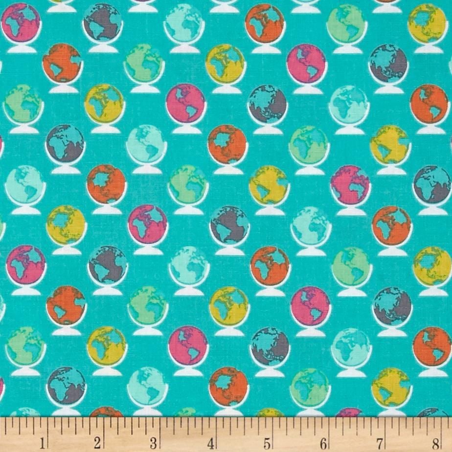 Erin McMorris Globetrot Seablue Turquoise Globe World Map Travel Cotton Fab