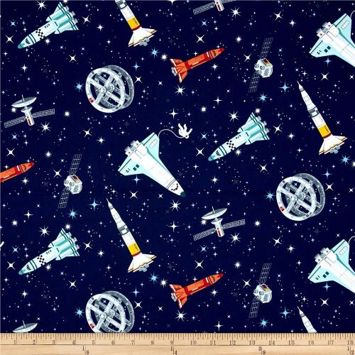Galaxy Rockets on Midnight Space Solar System Satellites Stars Cotton Fabri