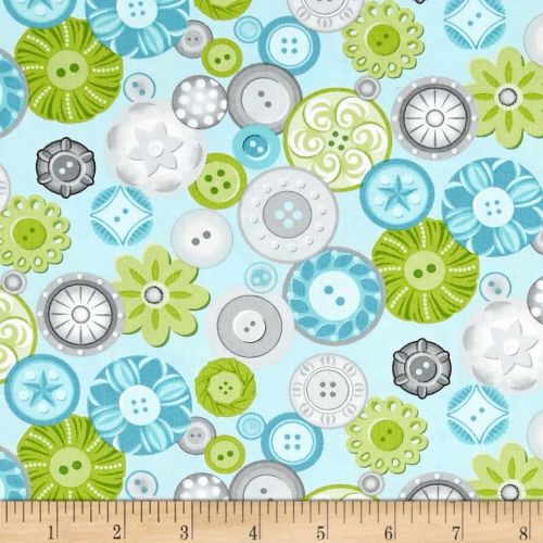 Sewing Room Buttons Aqua Blue Sewing Theme Button Cotton Fabric