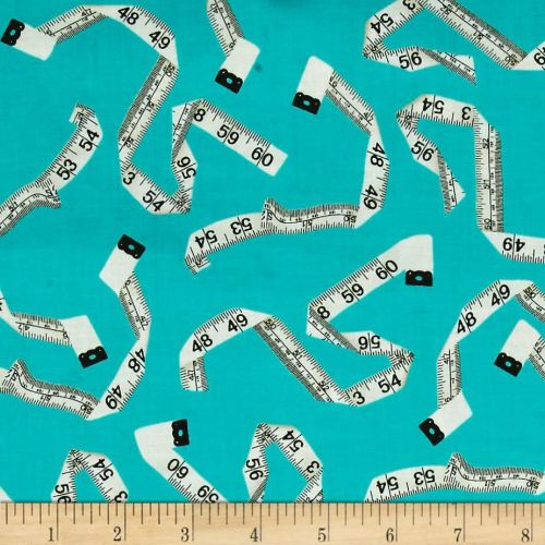 Kanvas Sew Sew Measuring Tape Measure Aqua Sewing Theme Cotton Fabric