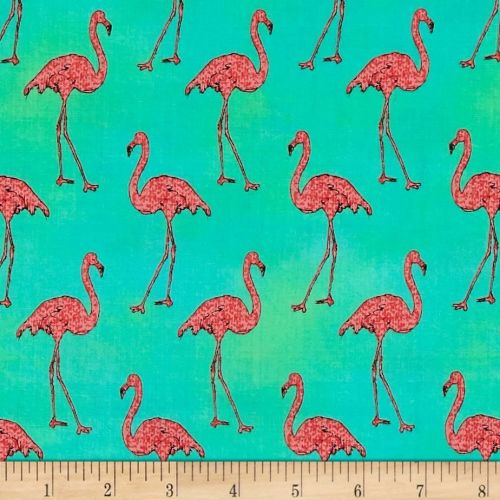 Flamingos Beach Divas Cabana Green Aqua Pink Flamingo Bird Tropical Cotton