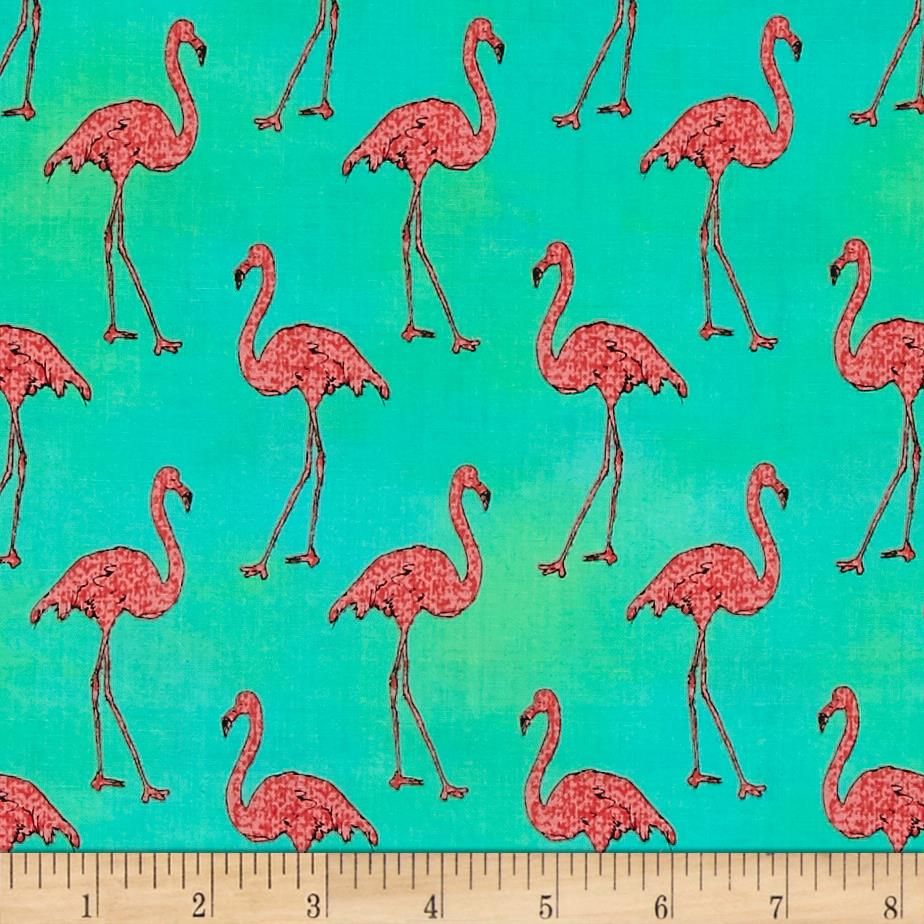 Flamingos Beach Divas Cabana Green Aqua Pink Flamingo Bird Tropical Cotton